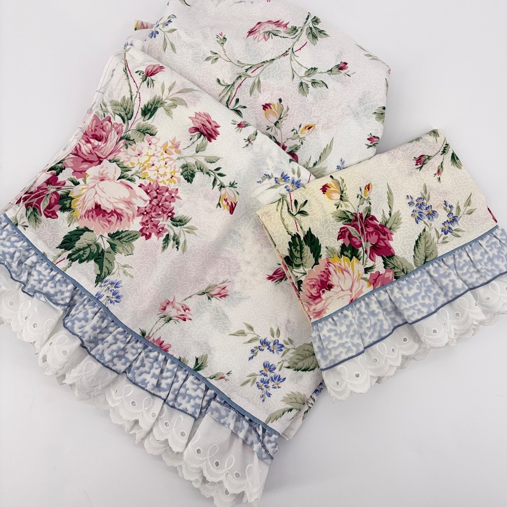 Waverly Floral Sheet Set Twin Pink Blue Rose Ruffle Eyelet Cottagecore Vintage